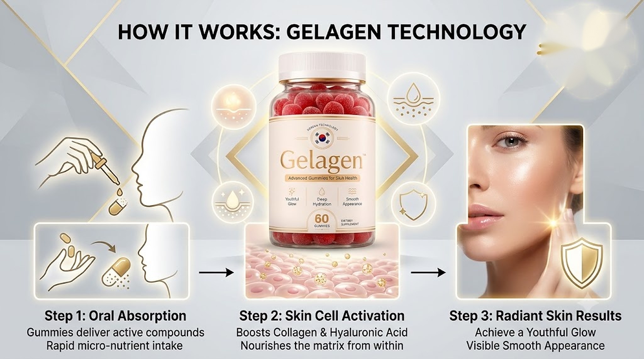Infographic: How Gelagen technology works in three steps: oral absorption, skin cell activation and radiant skin results